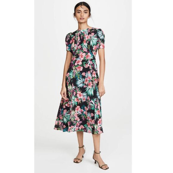 Les Reveries Hibiscus Midi Dress 2 Black Pink NEW - Picture 3 of 10